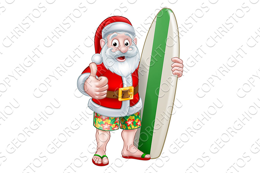 Santa in Shorts Holding Surfboard