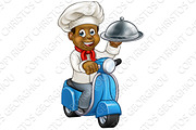Cartoon Black Chef on Moped Scooter 