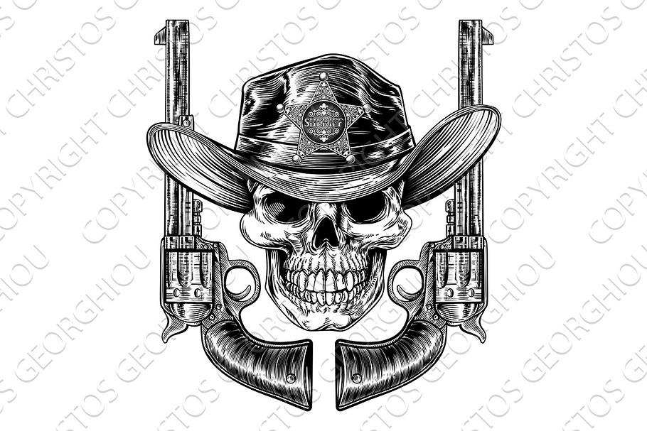 Sheriff Cowboy Skull and Pistols