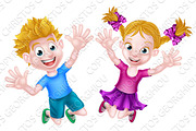 Happy Cartoon Boy and Girl Jumping