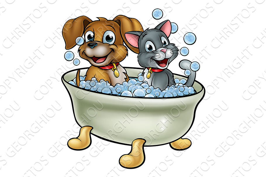 Cartoon Cat and Dog Washing in Bath