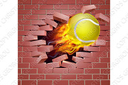 Flaming Tennis Ball Breaking Through Brick Wall