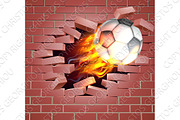 Flaming Soccer Football Ball Breaking Through Brick Wall