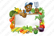 Cartoon Black Gardener Vegetables Sign