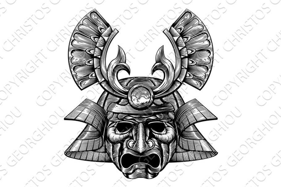 Samurai Mask Woodblock Style in Illustrations - product preview 8