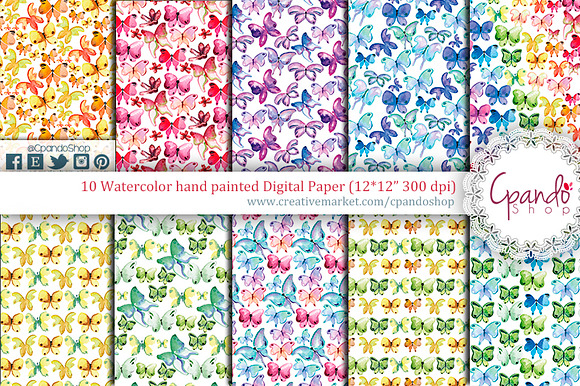 Butterfly watercolor digital paper in Patterns - product preview 1