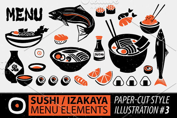 Papercut Style Sushi Elements in Illustrations - product preview 3