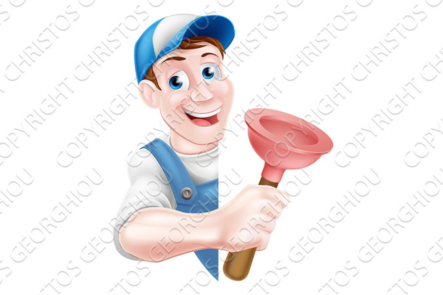 Cartoon Plumber Holding Plunger  in Illustrations - product preview 8