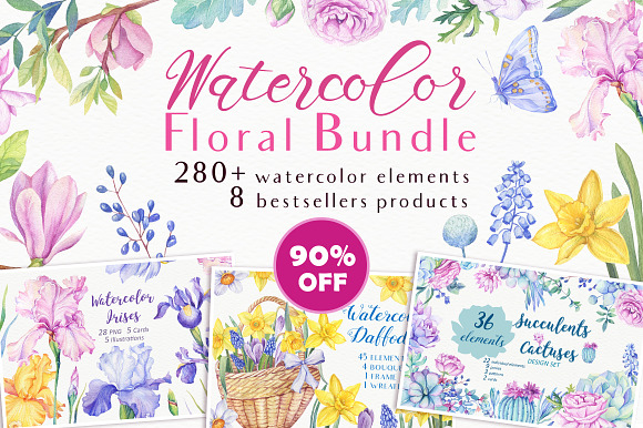 -90%OFF Watercolor Bundle in Illustrations - product preview 11