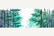 Watercolor winter forest landscape
