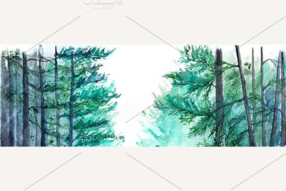 Watercolor winter forest landscape in Illustrations - product preview 8