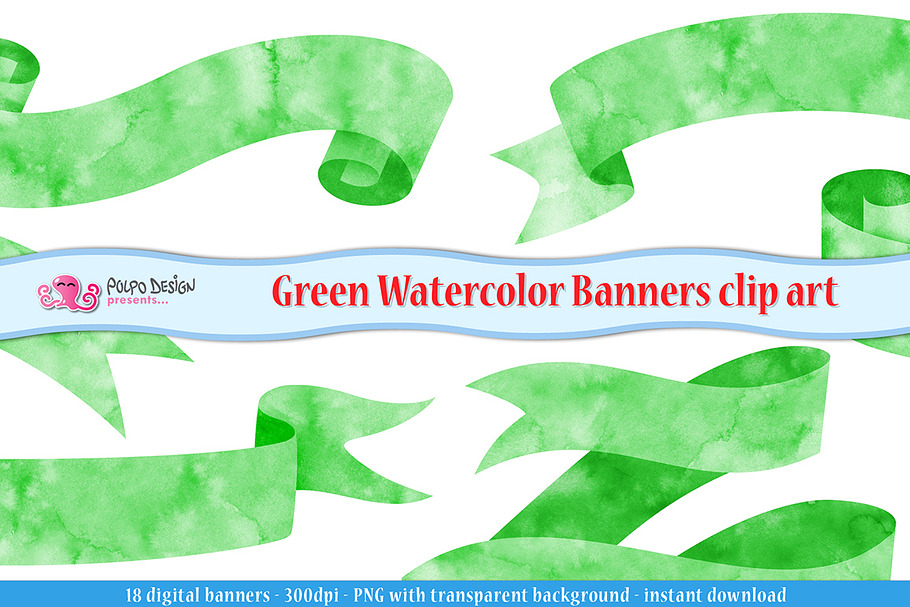 Green Watercolor Banner clipart in Objects - product preview 8