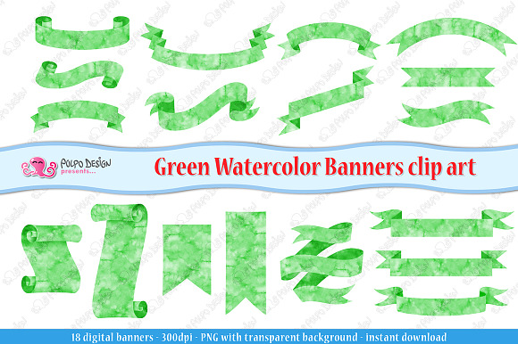Green Watercolor Banner clipart in Objects - product preview 1