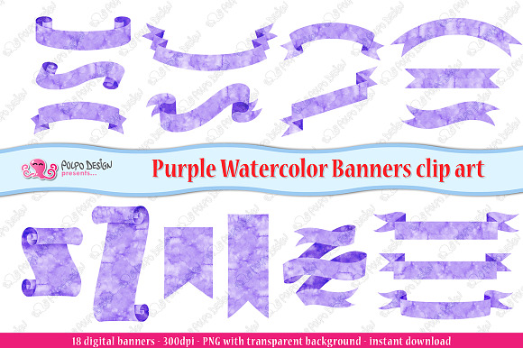 Purple Watercolor Banner clipart in Objects - product preview 1