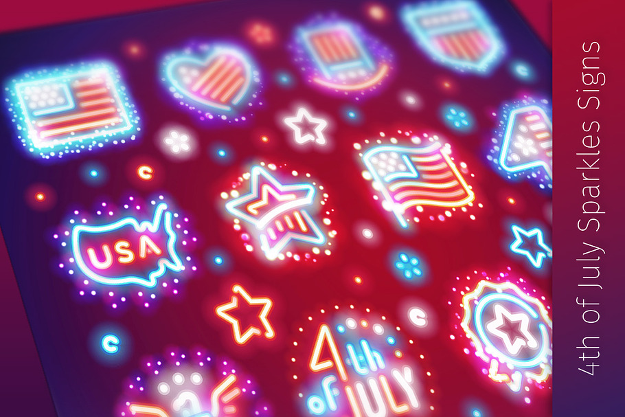 Fourth of July Signs with Sparkles in Neon Icons - product preview 8