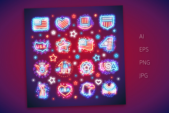Fourth of July Signs with Sparkles in Neon Icons - product preview 2