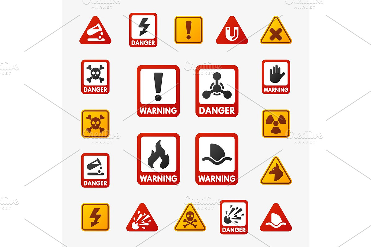 Prohibition signs set industry production vector yellow red warning danger symbol forbidden safety information and protection no allowed caution information. in Objects - product preview 8