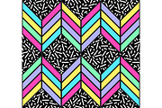 Bright seamless pattern in 80s style with abstract multicolored arrows and memphis print