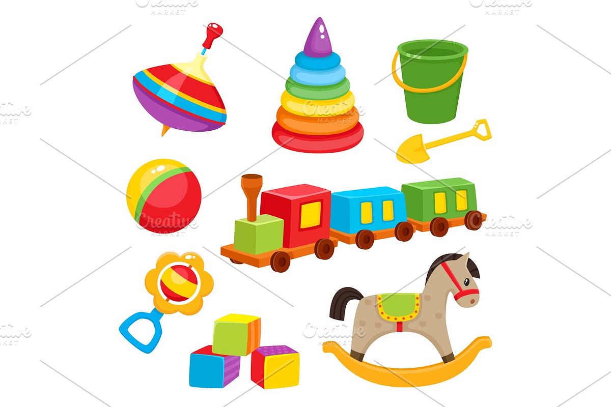 Set of colorful, cartoon style baby toys, kid items in Objects - product preview 8