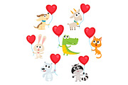 Cute and funny baby animals holding red heart shaped balloons