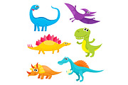 Set of cartoon style cute and funny smiling baby dinosaurs