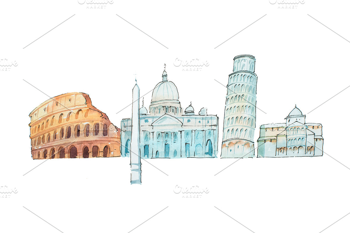 Famous Italian landmarks travel and tourism waercolor illustration. in Illustrations - product preview 8