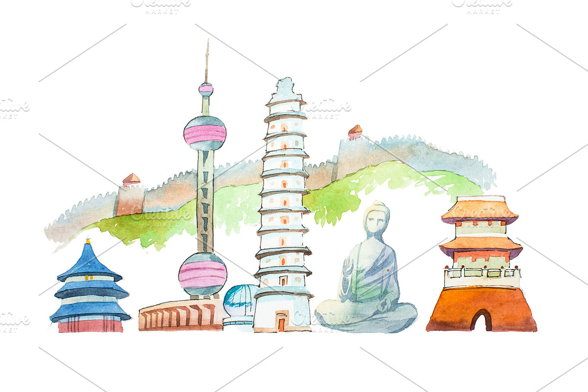 Famous Chinese landmarks travel and tourism waercolor illustration. in Illustrations - product preview 8