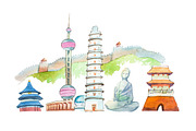 Famous Chinese landmarks travel and tourism waercolor illustration.