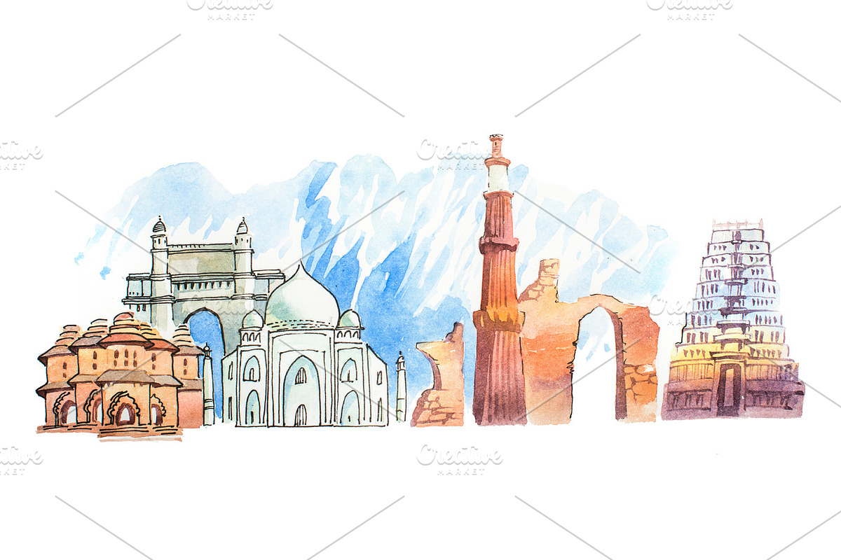 Famous Indian landmarks travel and tourism waercolor illustration in Illustrations - product preview 8