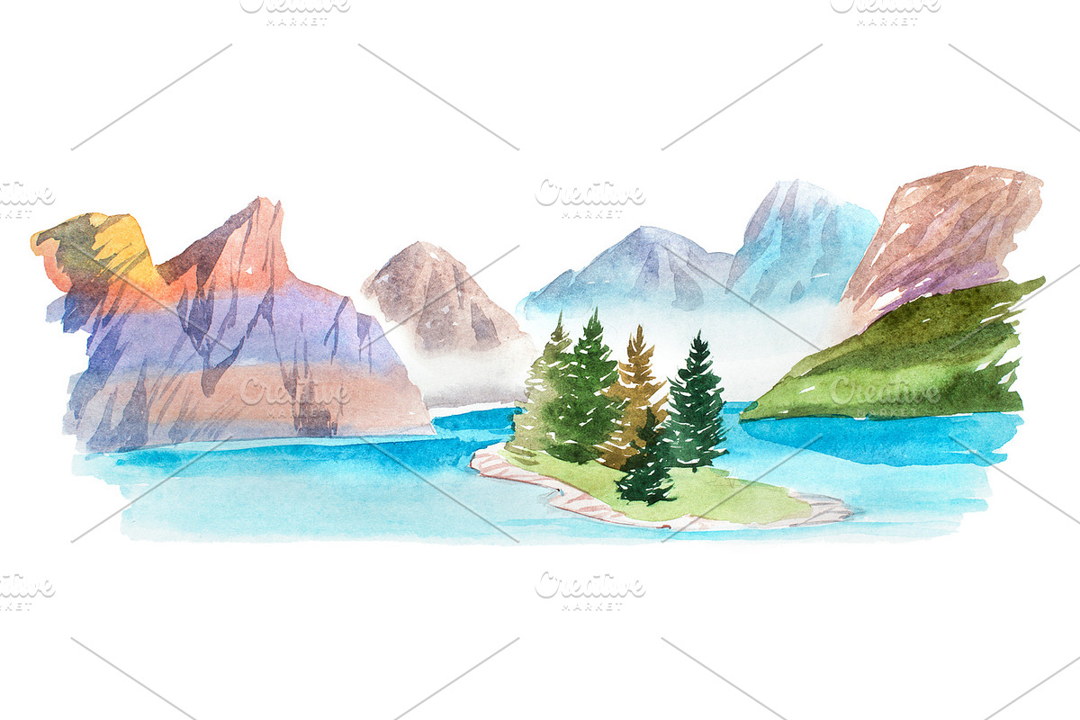 Natural summer landscape mountains and lake watercolor illustration. in Illustrations - product preview 8