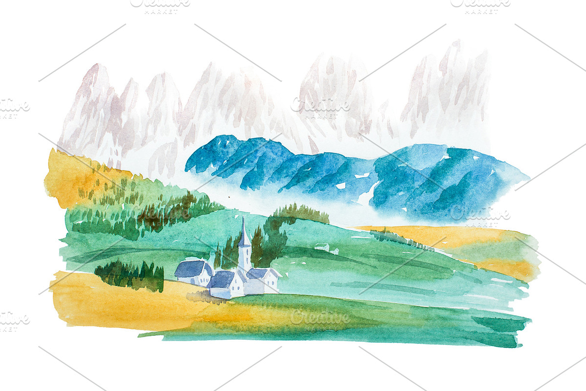 Natural summer landscape mountains and meadow watercolor illustration in Illustrations - product preview 8