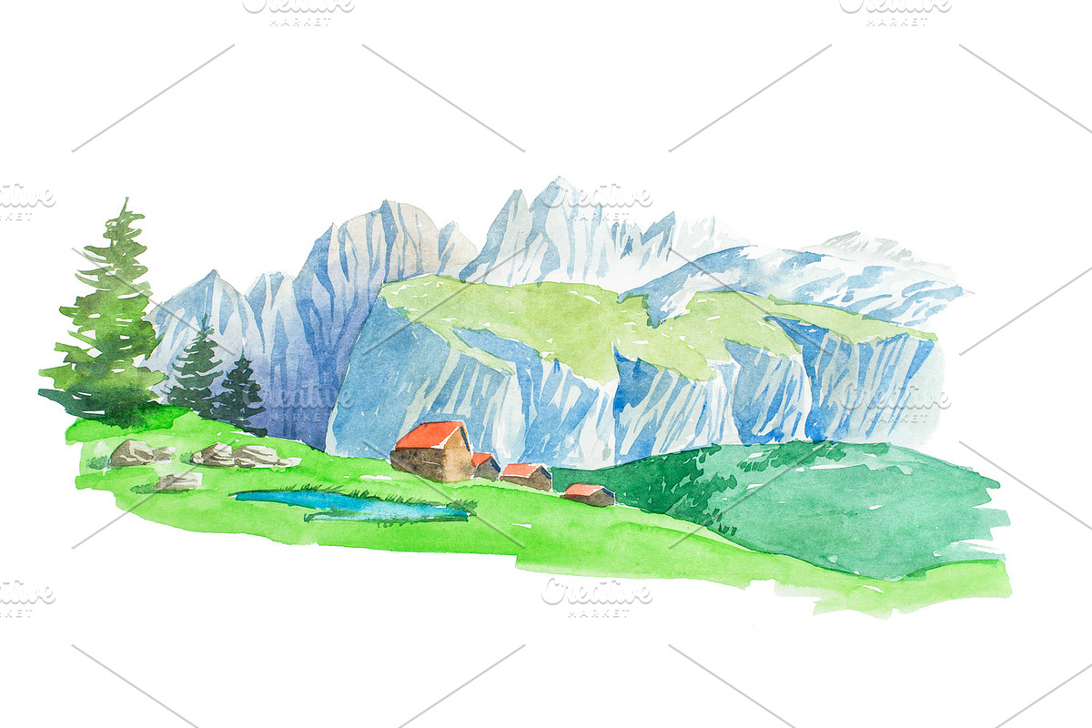 Natural summer beautiful mountain landscape watercolor illustration in Illustrations - product preview 8