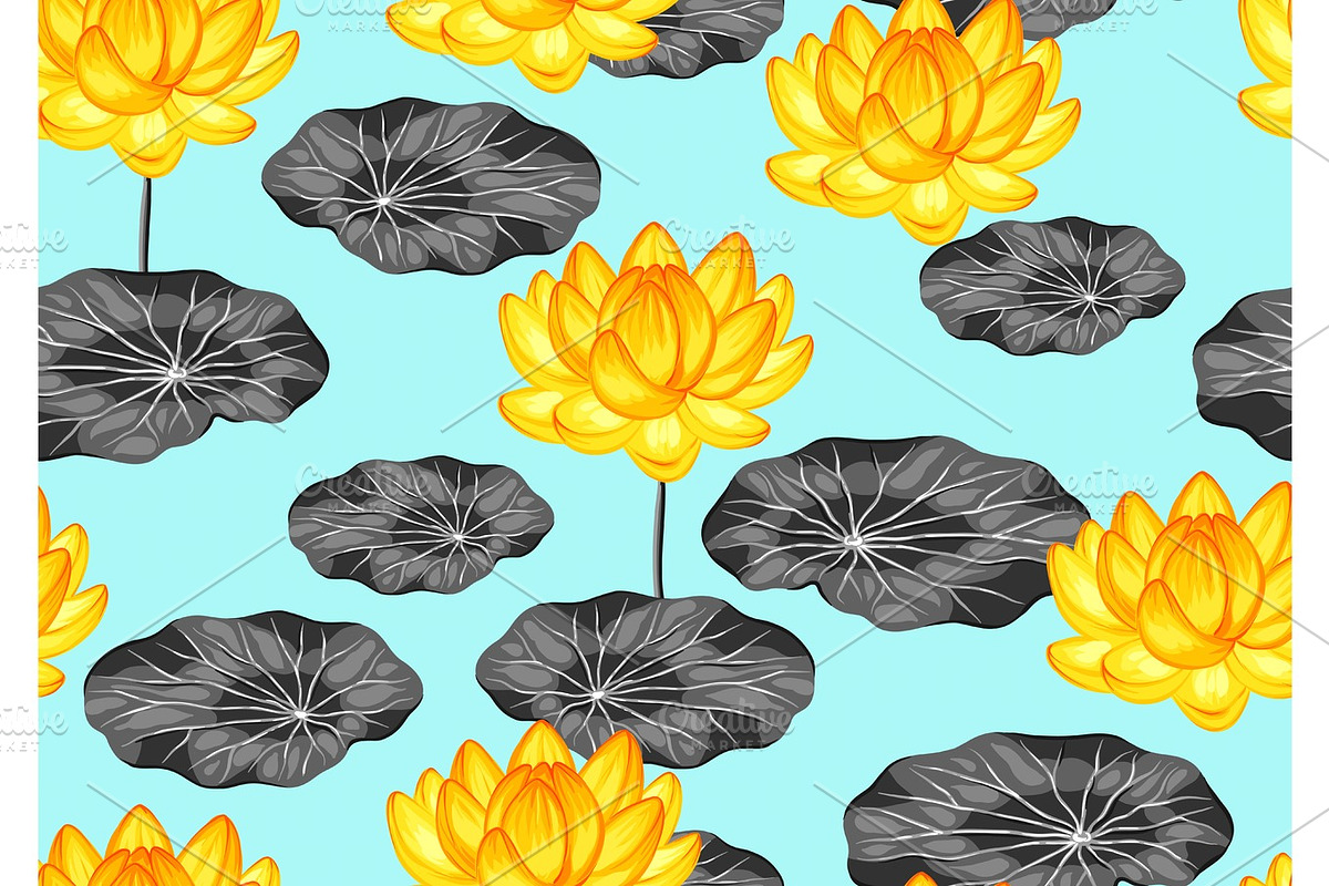 Natural seamless pattern with lotus flowers and leaves in Patterns - product preview 8