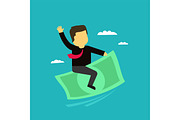 The businessman on money flies in the sky. Commercial profit success icon in the cartoon style.