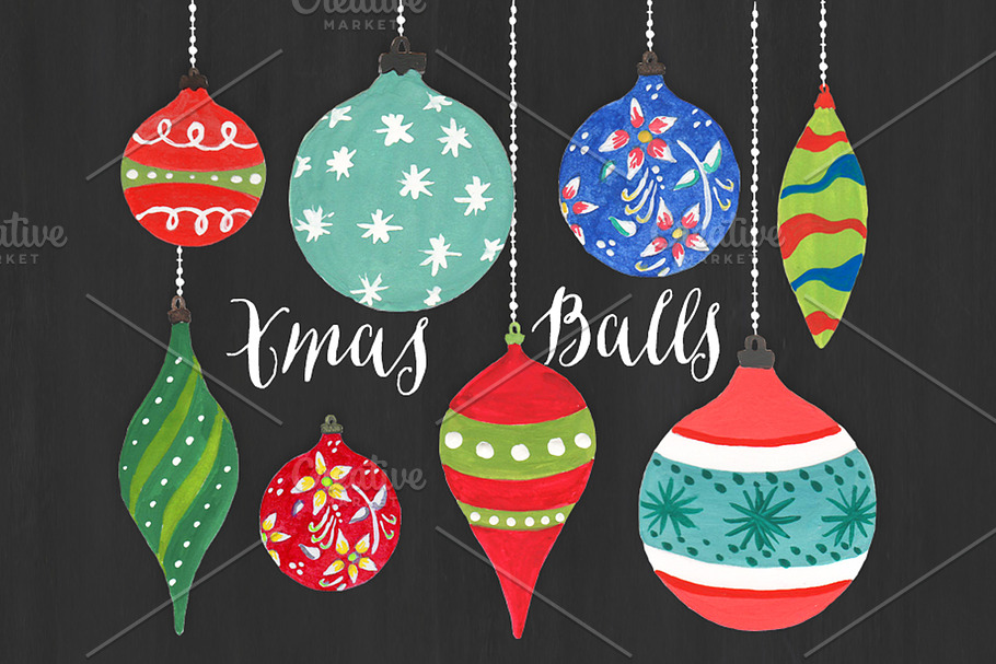 Christmas Clipart - Watercolor Balls in Objects - product preview 8