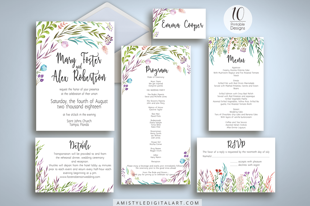 Watercolor Leaves Wedding Suite in Wedding Templates - product preview 8