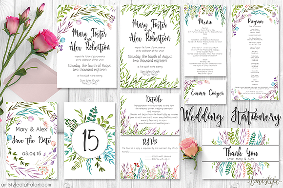 Watercolor Leaves Wedding Suite in Wedding Templates - product preview 1
