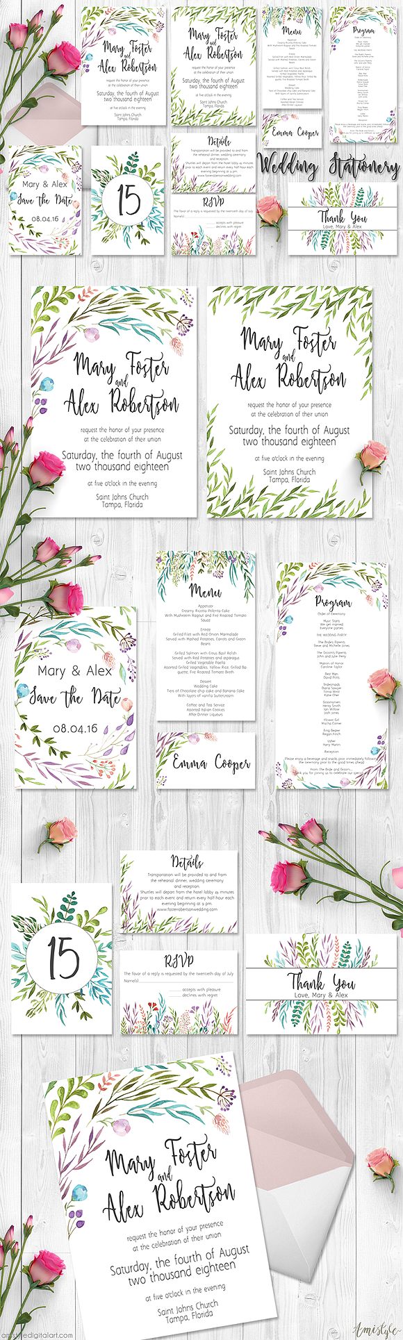 Watercolor Leaves Wedding Suite in Wedding Templates - product preview 6