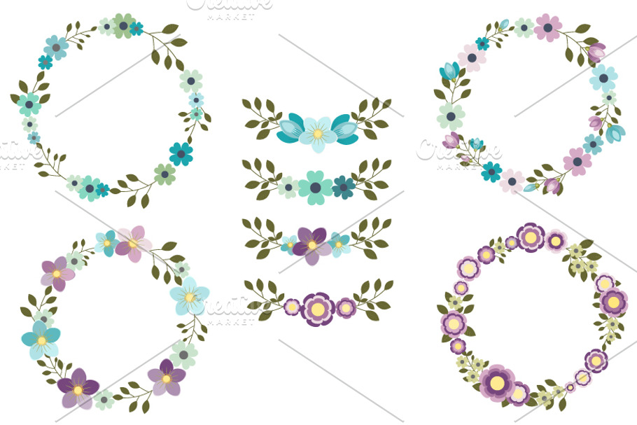 Mint violet flower wreath clip art