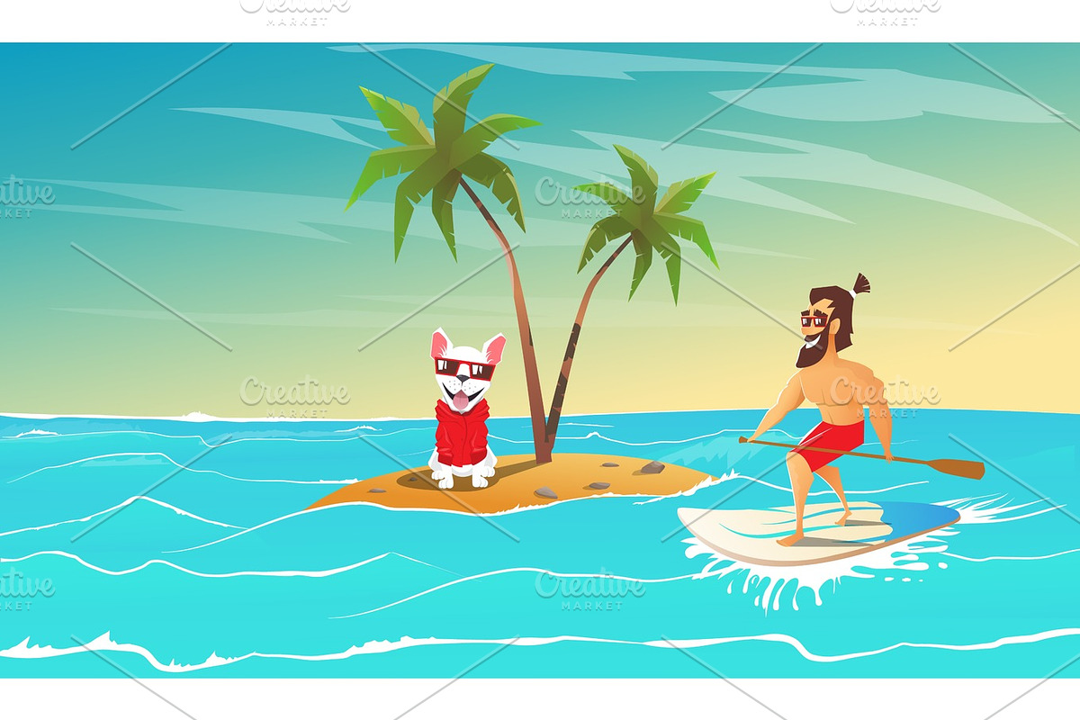 Cheerful surfer and dog are relax in Illustrations - product preview 8