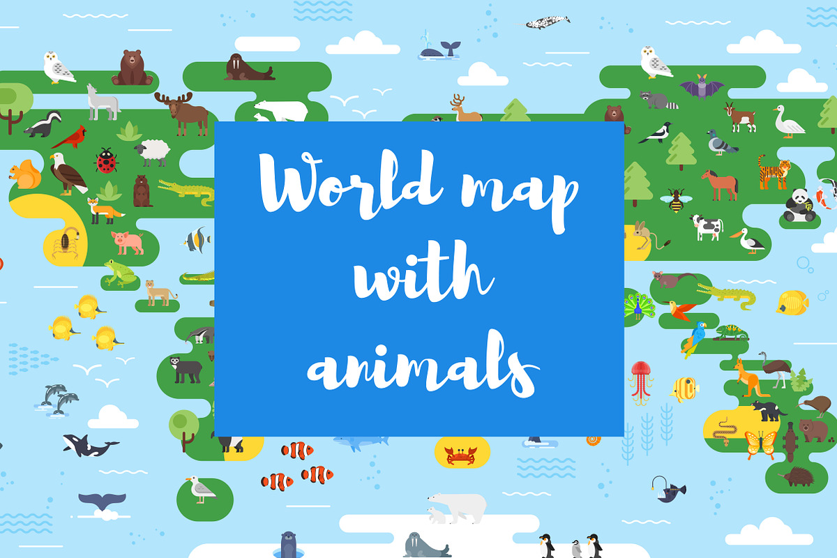Flat World map with animals for kids in Illustrations - product preview 8