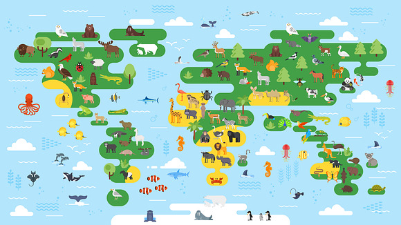 Flat World map with animals for kids in Illustrations - product preview 1