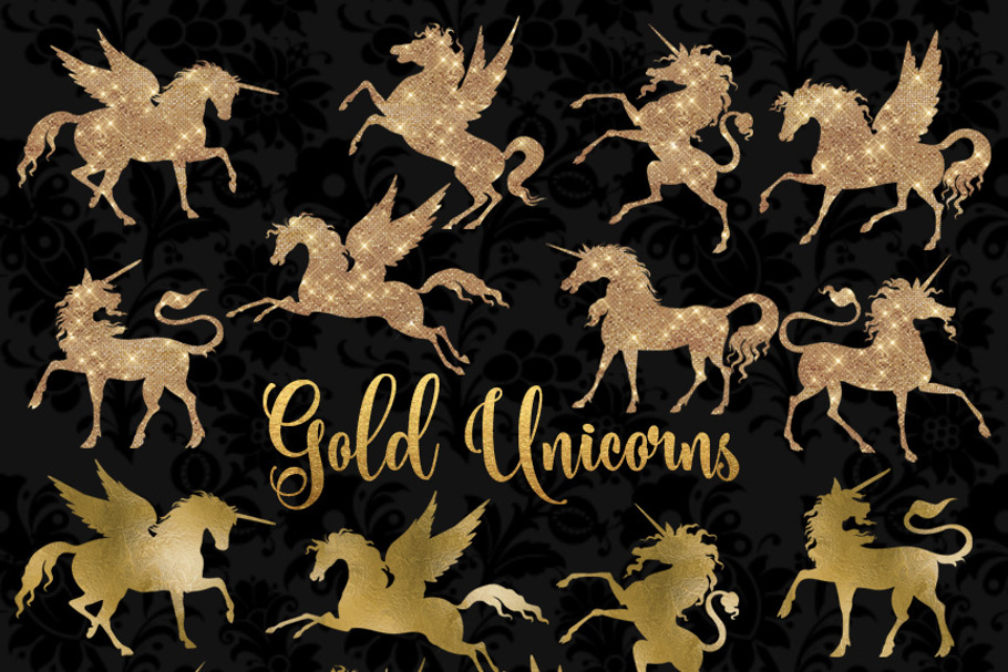 Gold Unicorn and Pegasus Clipart
