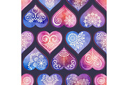 Watercolor seamless patern with heart and mandala ornament
