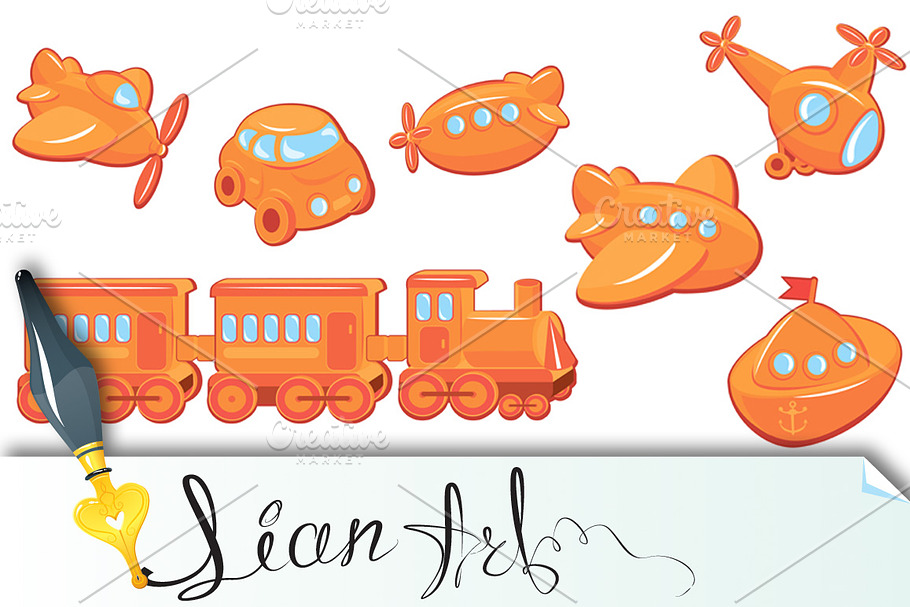 Set of boys toys - transport cartoon in Objects - product preview 8