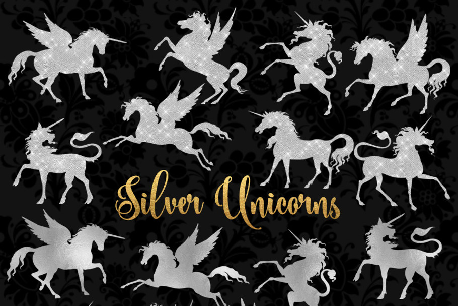 Silver Unicorn and Pegasus Clipart in Objects - product preview 8
