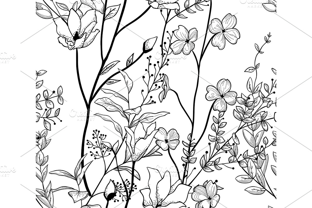 Vector Black Seamless Pattern with Drawn Flowers, Branches, Plants in Patterns - product preview 8