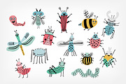 funny bugs doodle set and pattern