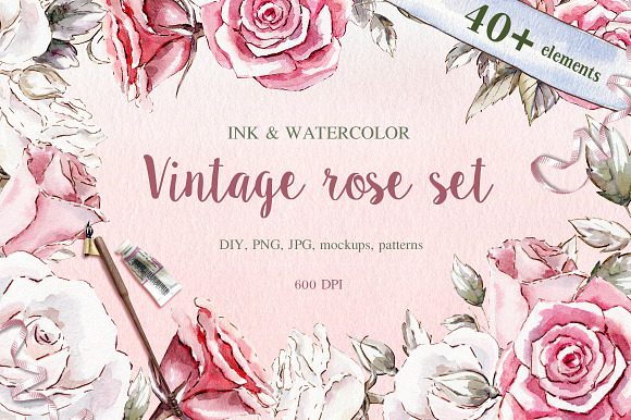 Vintage roses watercolor set in Graphics - product preview 6