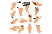 Collection of makeup cosmetics and brushes in hands isolated on white background vector illustration.
